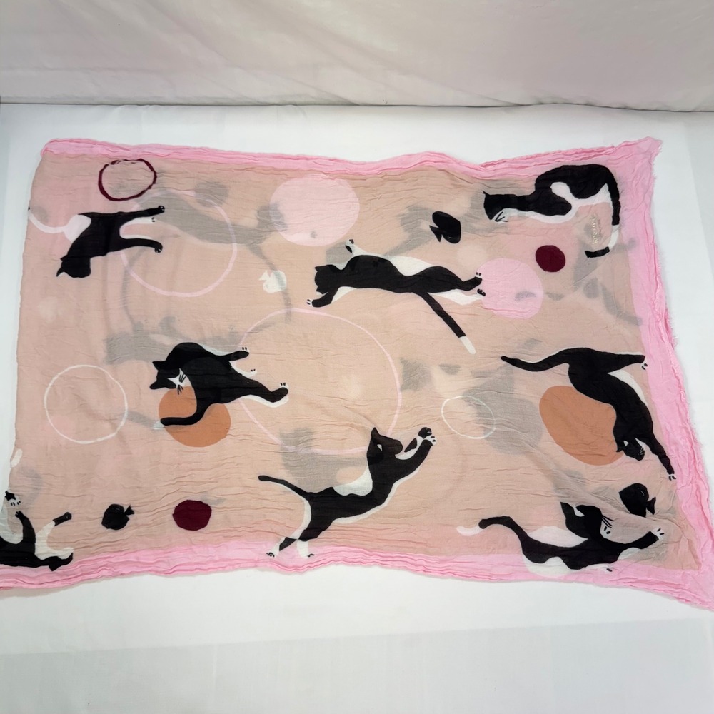 Kate Spade Scarf Women OS Pink Black White Whimsical Cat Print Eyelash Fringe